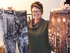 Local photographer Carla Dyck displays leggings and a skirt that are covered with her images of Winnipeg. (Brian Donogh/Winnipeg Sun)