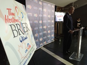 OSEG CEO Bernie Ashe speaking at Thursday's announcement that the 2016 Brier will be played in Ottawa. TD Place, the site of the announcement, will be the host venue. (ERROL McGIHON Ottawa Sun)
