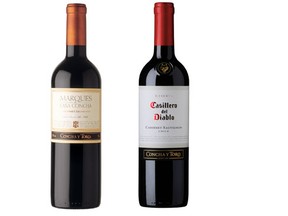 (Left) Viña Concha y Toro 2012 Marques de Casa Concha Puente Alto Vineyard and Viña Concha y Toro 2013 Casillero del Diablo Cabernet Sauvignon.