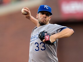 Kansas City Royals starting pitcher James Shields throws a pitch against the San Francisco Giants during Game 5 of the World Series at AT&T Park. (Christopher Hanewinckel/USA TODAY Sports)