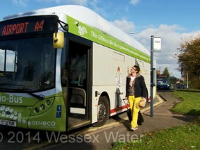 A bus fuelled exclusively with biomethane gas from human and food waste hit the road in southwestern England Thursday, servicing passengers from Bath to Bristol.
(Screenshot from GenECO's YouTube video)