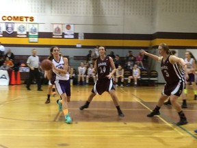 Lo-Ellen Knights' Andrea Zulich looks to make a pass during the AAA girls OFSAA basketball championships in Windsor on Thursday. The Knights dropped a close contest in their OFSAA opener.