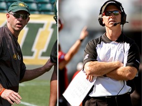 Craig Dickenson, left, and Dave Dickenson will face each other across the field at Sunday's CFL West final. (QMI Agency)