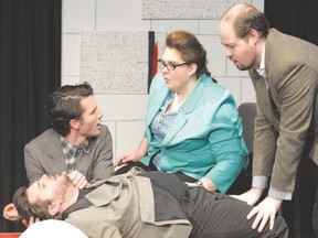 From left, Timothy Richards (Tommy Boatwright), Paul Vallerand (Bruce), Vanessa Woodford (Dr. Emma Brookner), Jeremy Hewitson (Mickey Marcus) perform in The Normal Heart, opening Friday at the Palace Theatre?s Procunier Hall. Ross Davidson/special to qmi agency