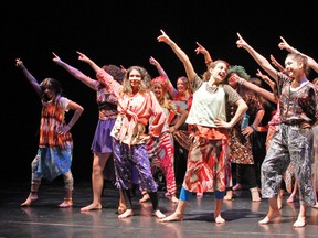 Grade 7 and 8 students from Eagle Heights Public School in London act out a scene from Shakespeare's A Midsummer Night's Dream Thursday at the Stratford Festival's Studio Theatre. Eagle Heights was one of six elementary and secondary schools from across the province that performed on stage Thursday as part of the Student Players Festival. MIKE BEITZ/The Beacon Herald