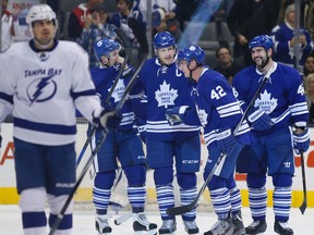The Maple Leafs celebrate a goal against the Tampa Bay Lightning on Nov. 20. (Stan Behal, Toronto Sun)