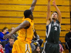 Ben Pierce of the Lambton Lions men's basketball team takes a shot against the Humber Hawks during a game on Nov. 9 in Sarnia. Pierce, from Sarnia, is one of the local players on the team this year as they try to return to the OCAA playoffs for the second-straight season. (SUBMITTED PHOTO)