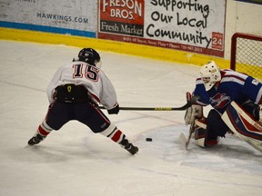 Courtney Lane denies the Regals’ Michael Saito on a breakaway for one of the 27 saves he made in a shutout effort. - Mitch Goldenberg, Reporter/Examiner
