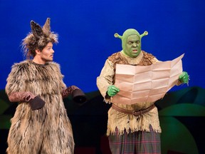 Troy Adam plays Donkey and Steve Ross plays Shrek in Shrek The Musical, now in previews at the Grand Theatre in London. (DEREK RUTTAN, The London Free Press)