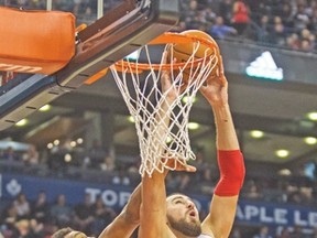 Raptors centre Jonas Valancuinas missed just one shot against the Milwaukee Bucks last night. (ERNEST DOROSZUK/Toronto Sun)