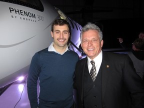 Oiler superstar Jordan Eberle with Danny Hooper inside the Aurora Jets hangar at an event held in support of the Edmonton Oilers Community Foundation