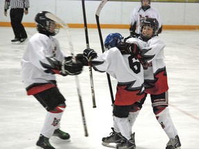 The Vulcan peewee Hawks celebrate Saturday afternoon their fourth goal during third period action on home ice against the Lethbridge Avalanche. It was a hard-fought, back and forth game that ended tied at 4. Simon Ducatel, Vulcan Advocate
