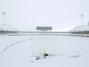 A general view of the football field and seating area of Ralph Wilson Stadium after a major snow storm hit the area on Nov 20, 2014 in Orchard Park, NY, USA. (Kevin Hoffman/USA TODAY Sports)