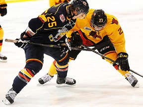 Belleville Bulls centre Niki Petti and Barrie Colts pivot Garrett Hooey battle at the faceoff dot during Sunday afternoon OHL action at Yardmen Arena. (Don Carr for The Intelligencer)