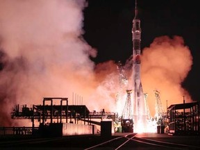 The Soyuz TMA-15M spacecraft carrying the International Space Station crew of Anton Shkaplerov of Russia, Terry Virts of the U.S. and Samantha Cristoforetti of Italy blasts off from the launch pad at the Baikonur cosmodrome November 24, 2014. REUTERS/Shamil Zhumatov