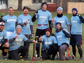The Lions team, captained by Brian Reid, won the Wallaceburg Flag Football title on Saturday at Dauw Park. The Lions won the final 14-7.