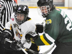 Cody Pauli (12) of the Mitchell Midgets helped lead the team to the semi-finals of the Wingham Regional Silver Stick tournament this past weekend. ANDY BADER/MITCHELL ADVOCATE