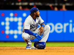 Los Angeles Dodgers shortstop Hanley Ramirez reacts after the St. Louis Cardinals won in game three of the 2014 NLDS baseball playoff game 3-1 at Busch Stadium on Oct. 6, 2014. Jeff Curry-USA TODAY Sports