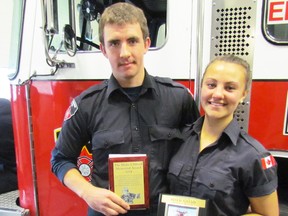 Lambton College fire science students Michael Hominsky, of Beaverton, and Sarah Nabim, of Port Perry, were honoured Monday with awards named for Blake Clifford and Adam Aiello, recent graduates of the college's fire science technology program who died in separate car accidents in 2013.  PAUL MORDEN/THE OBSERVER/QMI AGENCY