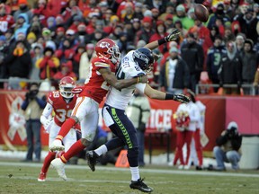 Kansas City Chiefs strong safety Eric Berry (29) breaks up a pass intended for Seattle Seahawks tight end Cooper Helfet (84) in the second half at Arrowhead Stadium on Nov 16, 2014. Kansas City won the game 24-20. John Rieger-USA TODAY Sports