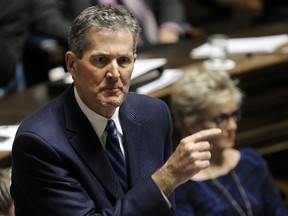 Manitoba opposition leader Brian Pallister speaks during question period at the Manitoba Legislature in Winnipeg, Man. Monday November 24, 2014.
Brian Donogh/Winnipeg Sun/QMI Agency