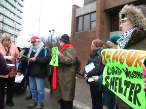 Sudbury Star file photo
SCAP members and supporters hold a rally outside 200 Larch Street in November to push for the opening of the Out of the Cold shelter at that location.