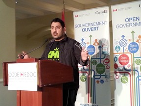 Ray Sharma speaks at the launch of the 2015 Canadian Open Data Experience at the Chateau Laurier on Monday, Nov. 24, 2014. The 48-hour hackathon sees teams compete to build the best app using open data from the feds. More than 900 people took part last year.
KELLY ROCHE/OTTAWA SUN/QMI AGENCY