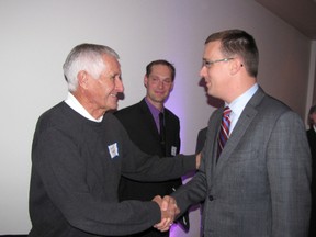 Lambton-Kent-Middlesex MPP Monte McNaughton (right) shakes hands with Harold Puyda of Leamington, a former president of the PC riding association for Chatham-Kent-Essex, at the Retro Suites in Chatham on Monday. Looking on is Richard Stass of Blenheim. McNaughton, who is vying to become the next leader of the Ontario PC Party, held a “meet and greet” with local supporters