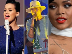 (L-R) Katy Perry, Pharrell Williams and Rihanna. (Reuters file photos)