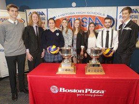 From the left: Ryan Bergen, Mackenzie Hildebrand, Brianna Patrick, Sara Scholefield, Karly Smith, Maiya Westwood, Cole King, and Mikael Clegg will all participate in the AAAA high school volleyball championships this week.