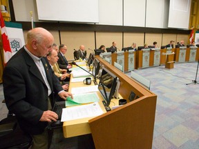 Councillor Bud Polhill addresses his fellow councillors during the final meeting for this sitting council at City Hall in London on Tuesday November 25, 2014.
CRAIG GLOVER The London Free Press / QMI AGENCY