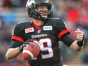 Calgary Stampeders quarterback Bo Levi Mitchell looks downfield during the CFL Western Final in Calgary, Sunday November 23, 2014. (AL CHAREST/QMI Agency)