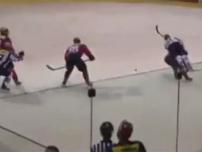 YouTube footage of Peter Hrasko's thundering hip check. (Screen grab)