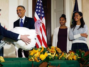 U.S. President Barack Obama and his daughters, Sasha (C), and Malia (R), participate in the annual turkey pardoning ceremony marking the 67th presentation of the National Thanksgiving Turkey while in the White House in Washington, November 26, 2014. REUTERS/Larry Downing