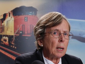 Transportation Safety Board Chair Kathy Fox speaks during a news conference in Ottawa November 26, 2014. REUTERS/Chris Wattie