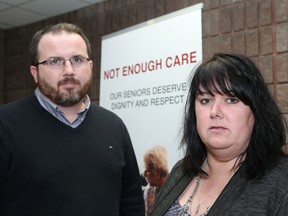 Kevin Tyrell of the Ontario Council of Hospital Unions and personal support worker Dorothy Winterburn were in Kingston on Wednesday to discuss staffing and other union concerns at Ontario long term care facilities. (Ian MacAlpine/The Whig-Standard)