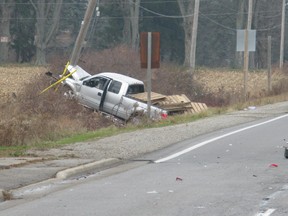 A man was sent to hospital with life-threatening injuries after the pick up truck he was driving struck a hydro pole north of Simcoe on Thursday morning. DANIEL R. PEARCE/SIMCOE REFORMER
