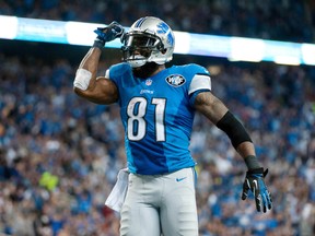 Lions wide receiver Calvin Johnson celebrates his touchdown during second quarter NFL action against the Bears in Detroit on Thursday, Nov. 27, 2014. (Tim Fuller/USA TODAY Sports)