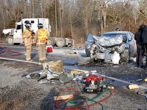 Two people were killed and four were seriously injured — one of them, a woman, was airlifted to Kingston General Hospital — in a major three-vehicle collision on Highway 37, near Wiser Road, just north of Belleville, Ont. on Tuesday, Dec, 20, 2011. -  FILE PHOTO BY JEROME LESSARD/THE INTELLIGENCER/QMI AGENCY