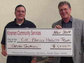 Submitted photo: Sheldon Parsons, Family Health Team Capital Campaign member, right, receives $1,250 first installment of Wallaceburg Kinsmen Club's donation for office expansion at the Family Health Team offices. Presenting the cheque is Kin President Brent Burgess.