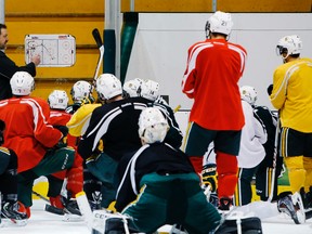 Golden Bears coach Ian Herbers discusses a drill with the team at practice Wednesday. (Tom Braid, Edmonton Sun)