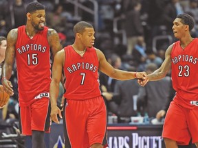 Raptors’ Louis Williams (right) celebrates with Kyle Lowry during their win over the Cavs last week. (USA TODAY SPORTS)