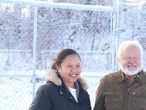 Gino Donato/The Sudbury Star
Yonaniko Grenon, a senior communications specialist at Glencore, and Rod Jouppi, Wild at Heart Refuge Centre president, stand in front of a recently completed enclosure that will accommodate young ungulates such as deer, elk and moose.