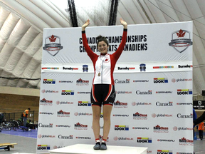 London cyclist Sarah Mason on the podium at the Canadian Junior and U17 Track Cycling Championships in Burnaby BC (Photo courtesy of Janet Mason).