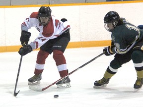 Nick Discanno, right, of the St. Patrick's Fighting Irish chases down T. J. Harris of the Lambton Central Lancers during Lambton Kent high school boys hockey at Clearwater Arena in Sarnia. The Irish trailed with just over five minutes to play Wednesday but rallied to win 4-3. (TERRY BRIDGE/THE OBSERVER)