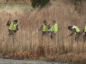 Ottawa police officers search around the Sawmill Creek pond, behind the South Keys transit station Friday. Officers are turning over every blade of grass with sticks, using metal detectors and checking the water for clues to how a man in his 20s ended up dead there Thursday morning. (DOUG HEMPSTEAD/Ottawa Sun)