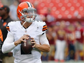 Cleveland Browns quarterback Johnny Manziel prepares to throw during warmups prior to the Browns' game against the Washington Redskins at FedEx Field. (Geoff Burke/USA TODAY Sports)