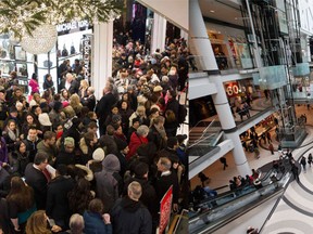 Shoppers crowded into Macy's in New York on November 27, ahead of Black Friday while crowds at the Toronto Eaton Centre were fairly small on November 28, 2014. Andre Kelly/Reuters and Jack Boland/ QMI Agency