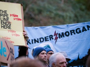 Demonstrators hold signs while protesting against the proposed Kinder Morgan pipeline on Burnaby Mountain in Burnaby, British Columbia November 17, 2014. Kinder Morgan Energy Partners LP said on November 14, 2014 it would resume preliminary work on its Trans Mountain pipeline after a British Columbia court granted an injunction against protesters blocking work crews in the Vancouver suburb of Burnaby. REUTERS/Ben Nelms