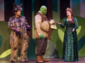Troy Adam as Donkey, Steve Ross as Shrek and Elicia MacKenzie as Fiona starred in the highly successful Shrek The Musical last season at the Grand Theatre. (DEREK RUTTAN, Free Press file photo)